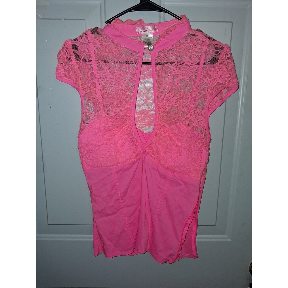 Lydia USA Hot Pink Lace Blouse Women's Medium Sheer Keyhole Short Sleeve Top